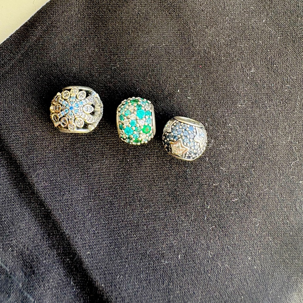 Set of three Pandora charms: ocean mosaic, crystallized snowflake, star sky